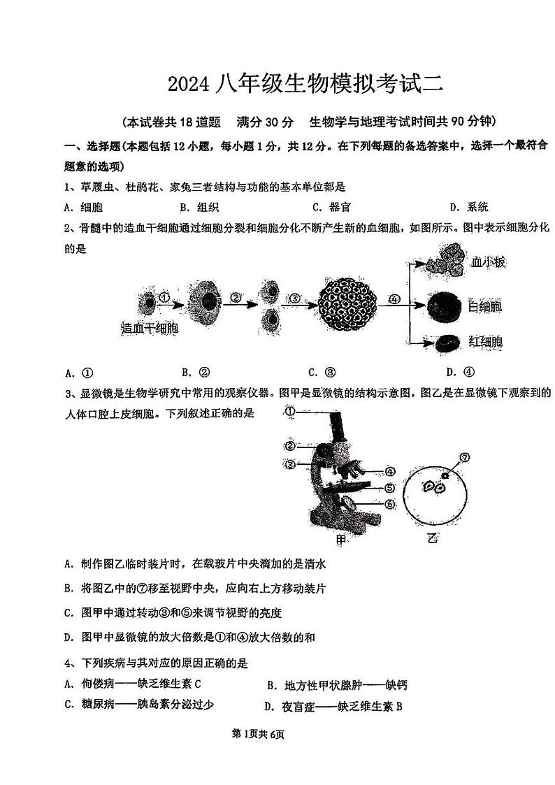 2024年辽宁省丹东市第五中学中考三模生物试题第1页
