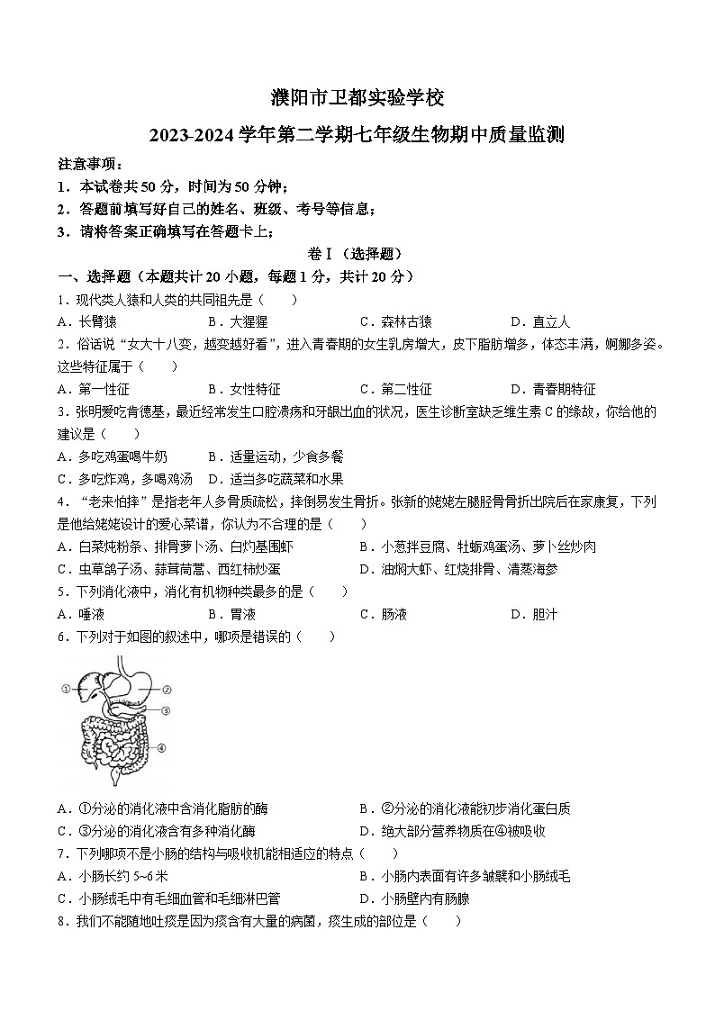 河南省濮阳市濮阳县卫都实验学校2023-2024学年七年级下学期期中生物试题(无答案)第1页