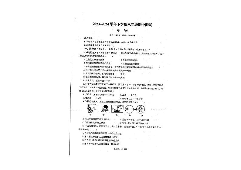 河南省新乡市长垣市第一初级中学2023-2024学年八年级下学期期中考试生物试题01