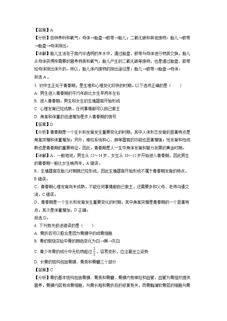 生物：河南省洛阳市汝阳县2023-2024学年七年级下学期期中试题（解析版）第3页