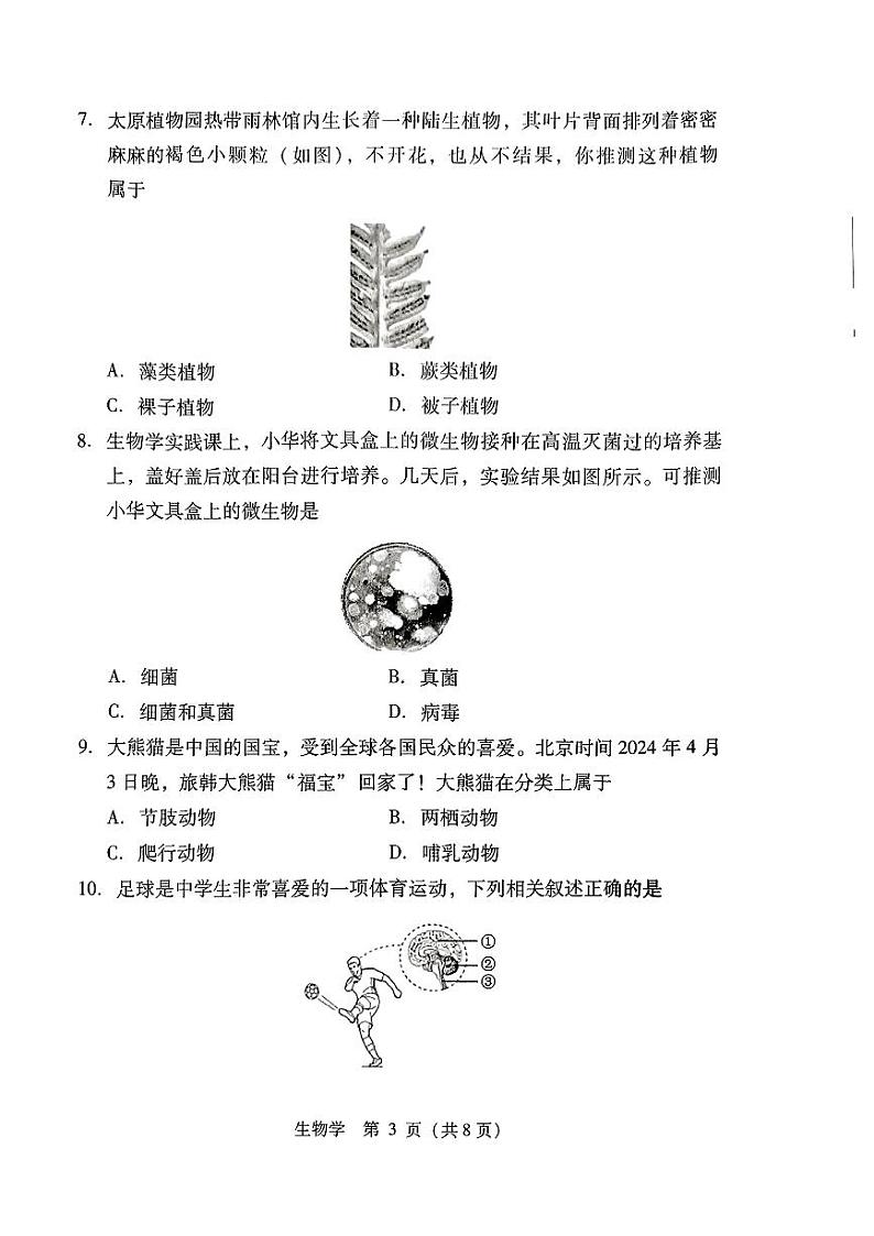 2024年山西省吕梁市中阳县多校中考第三次模拟生物学试卷第3页