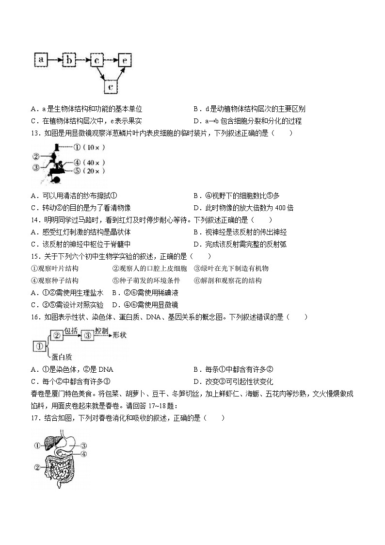 2024年福建省厦门市中考一模生物试题(无答案)02