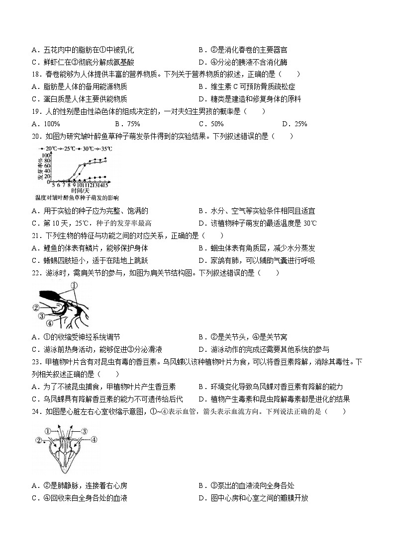 2024年福建省厦门市中考一模生物试题(无答案)03