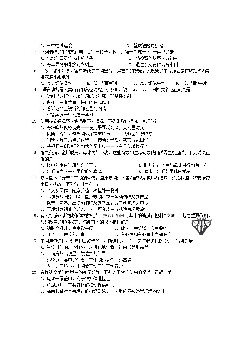 2024年海南省海口市中考二模考试生物试题02