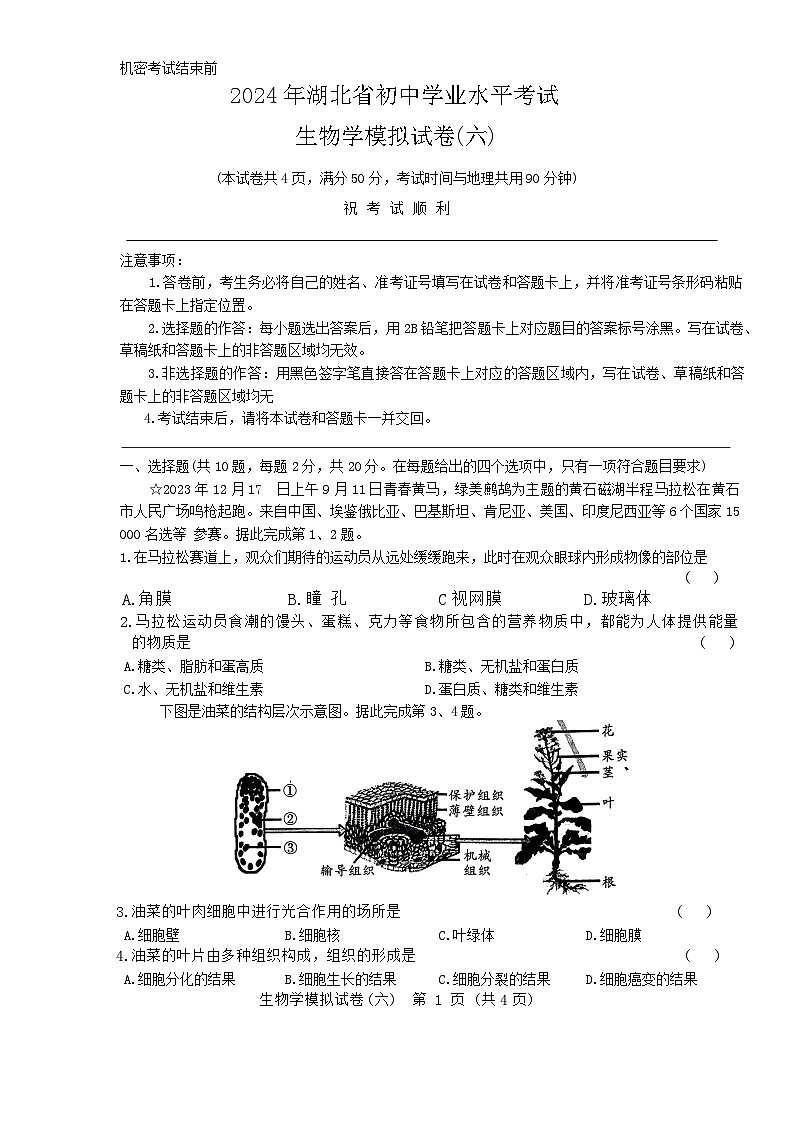 2024年湖北省初中学业水平考试生物模拟试卷六（含答案）第1页