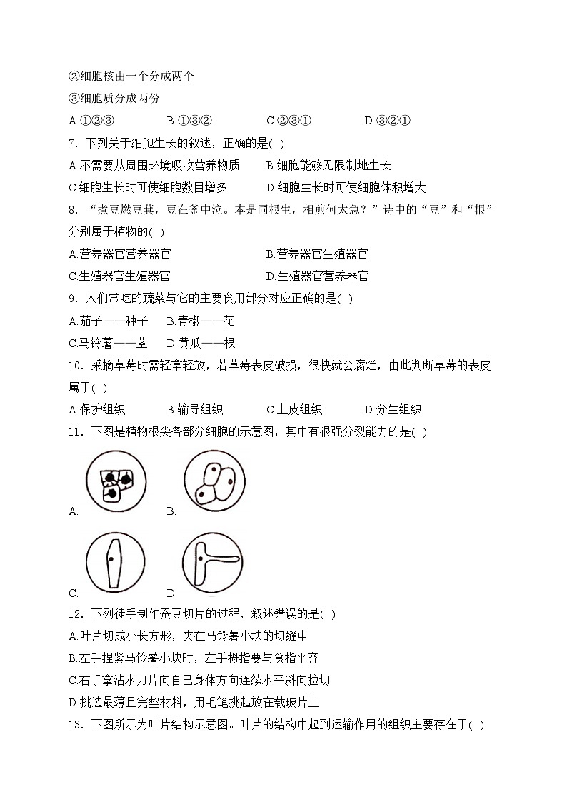 陕西省安康市汉阴县2023-2024学年七年级下学期5月期中考试生物试卷(含答案)02