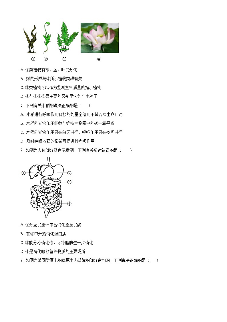 2024年安徽省宿迁市泗阳县中考三模生物试题（原卷版+解析版）02