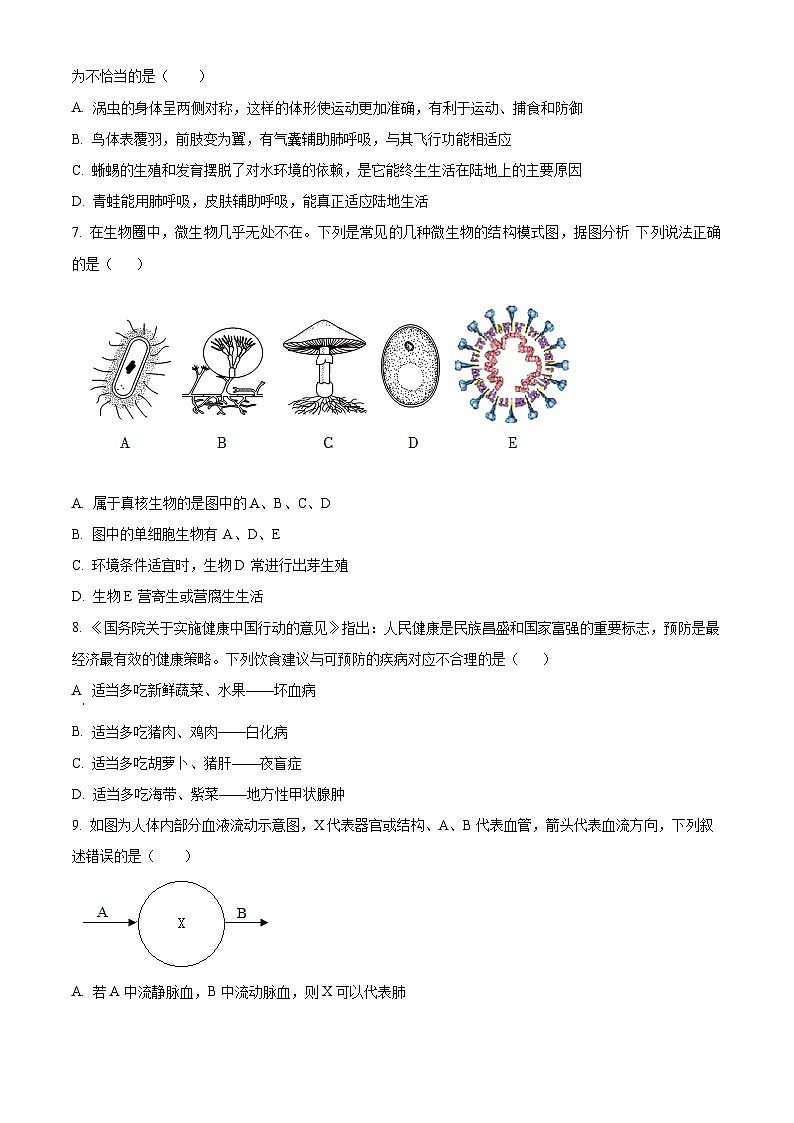 2024年山东省菏泽市郓城县中考三模生物试题（原卷版+解析版）03