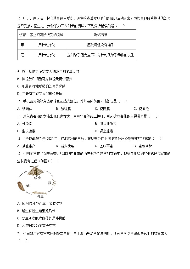 2024年云南省昆明市中考二模生物试题（原卷版+解析版）03