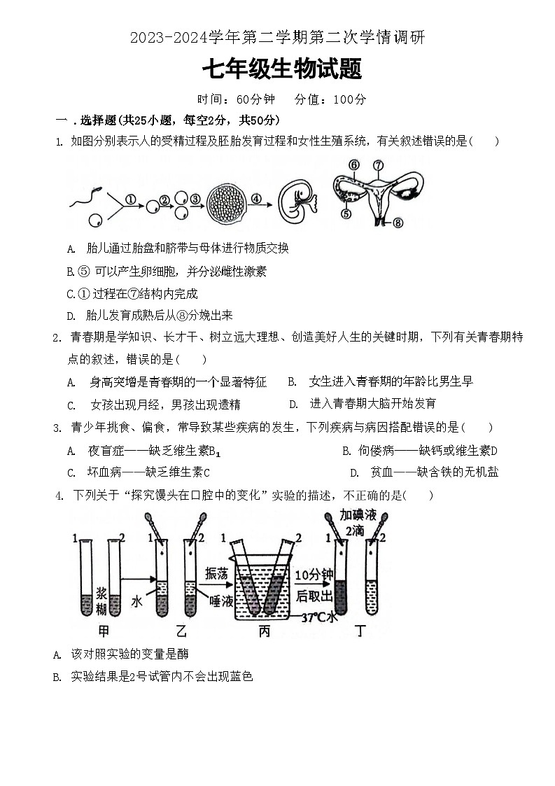 山东省聊城市聊城教育联盟共同体2023-2024学年七年级下学期6月月考生物试题第1页