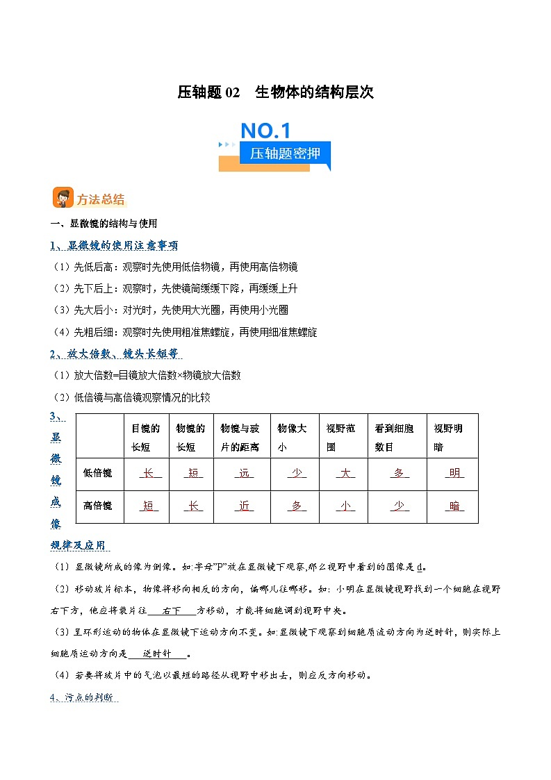 压轴题02  生物体的结构层次（原卷版+解析版）01