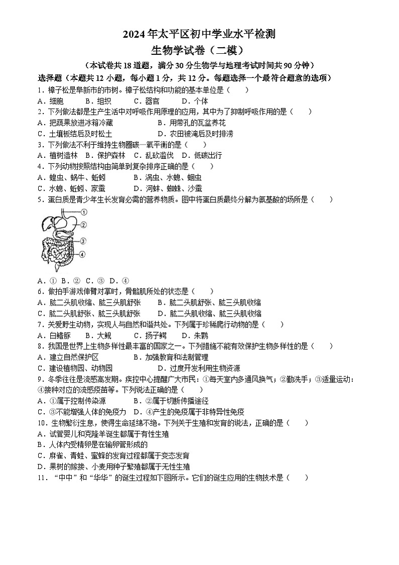 2024年辽宁省阜新市太平区八年级初中学业水平检测二模生物试题(无答案)01