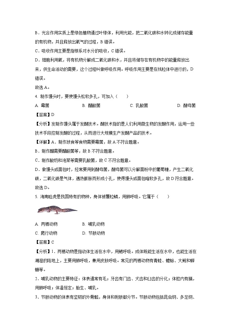 生物：2024年福建省宁德市中考二模试卷（解析版）03