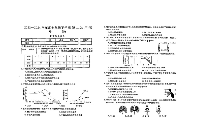 河南省周口市商水县希望初级中学2023-2024学年七年级下学期6月月考生物试题第1页