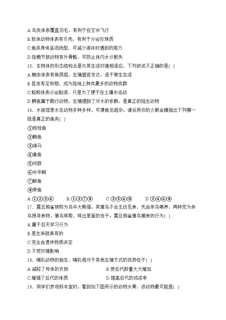 湖南省溆浦县第一中学2023-2024学年八年级上学期11月期中考试生物试卷(含答案)第3页