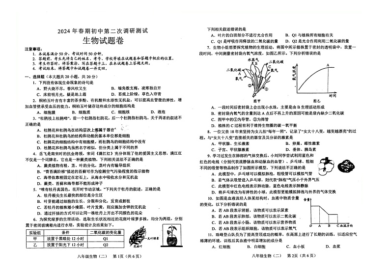 2024年河南省南阳市宛城区第三中学八年级第二次调研测试生物试题第1页