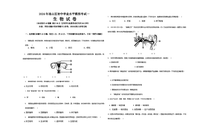2024年辽宁省葫芦岛市连山区初中学业水平第一次模拟考试生物试卷01