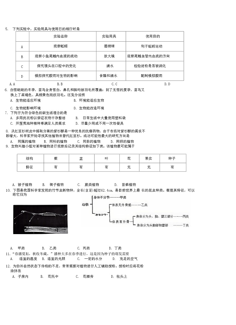2024年陕西省西安交通大学附属中学中考模拟检测五生物试题02