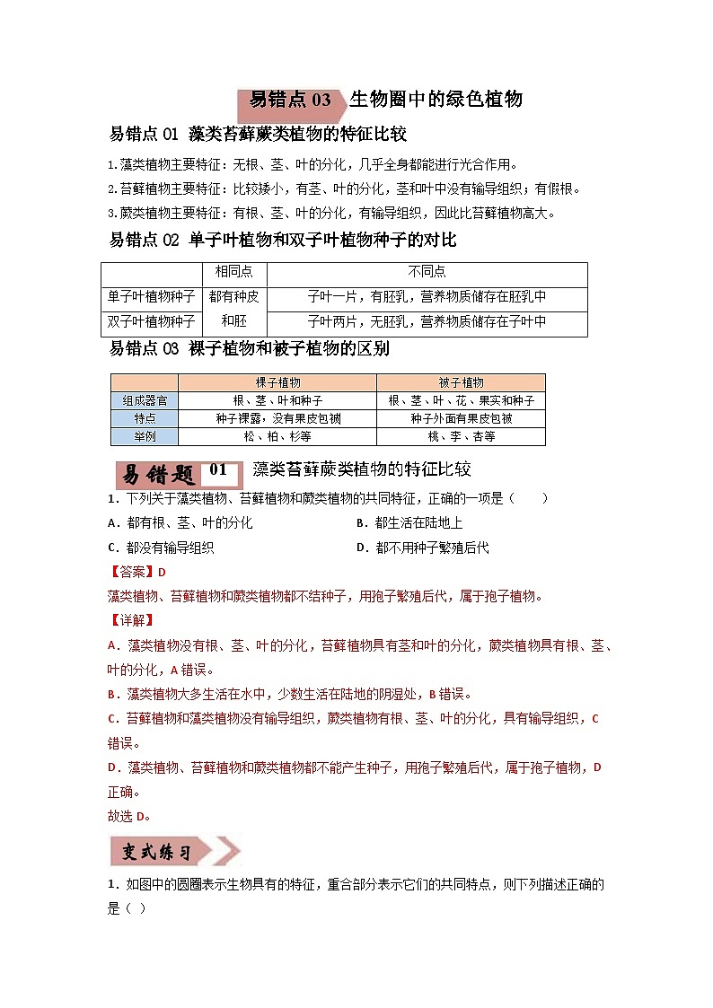 易错点03 生物圈中的绿色植物-2024年中考生物考试易错题（解析版）第1页