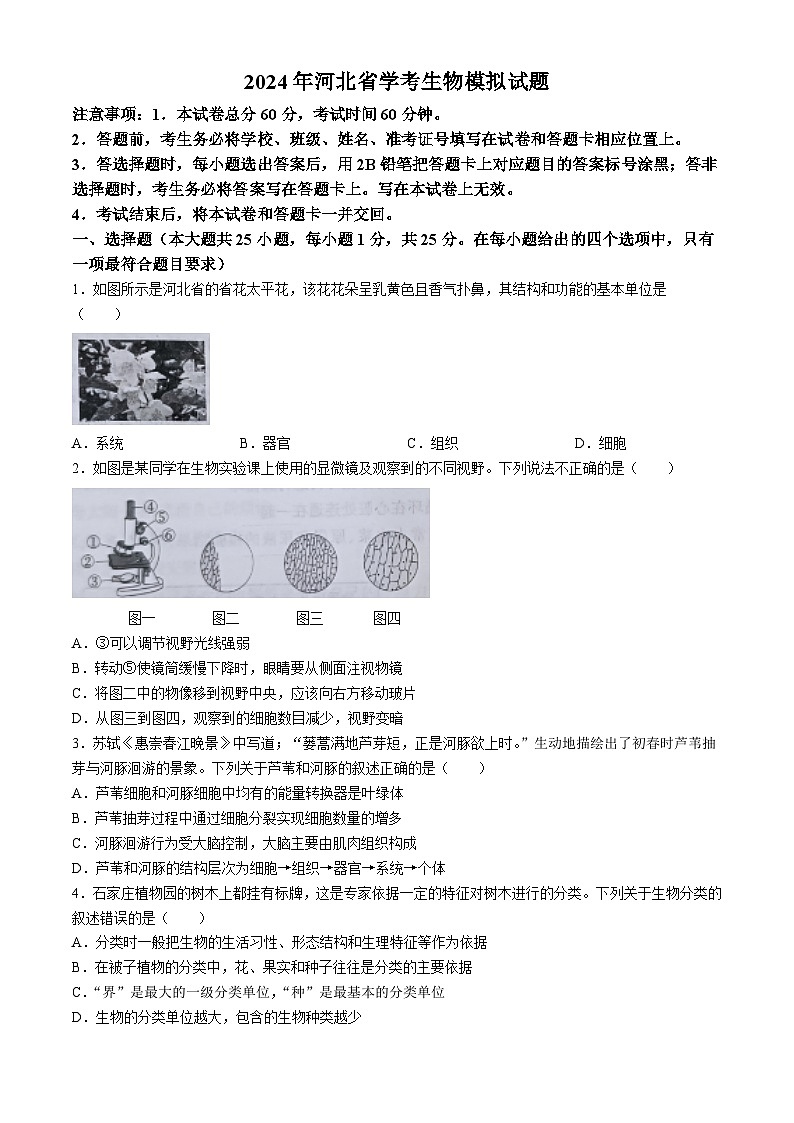 2024年河北省沧州市东光县第三中学八年级学业水平考试生物模拟试题01