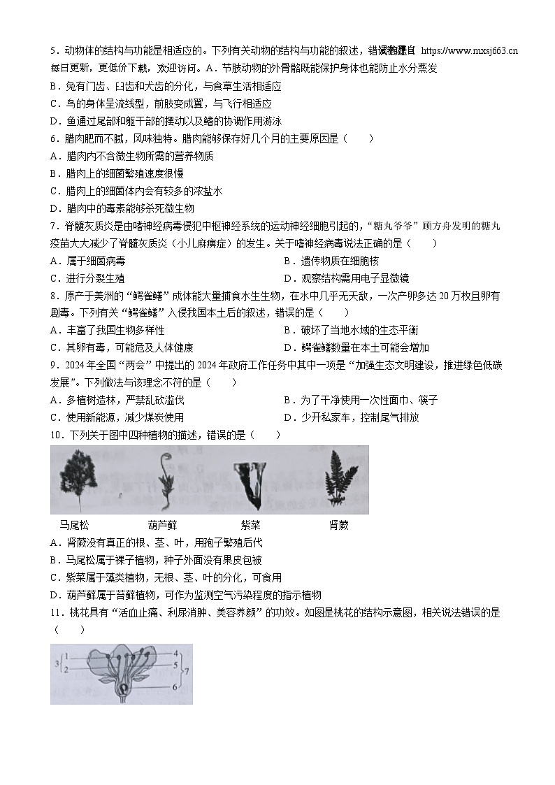 2024年河北省沧州市东光县第三中学八年级学业水平考试生物模拟试题02