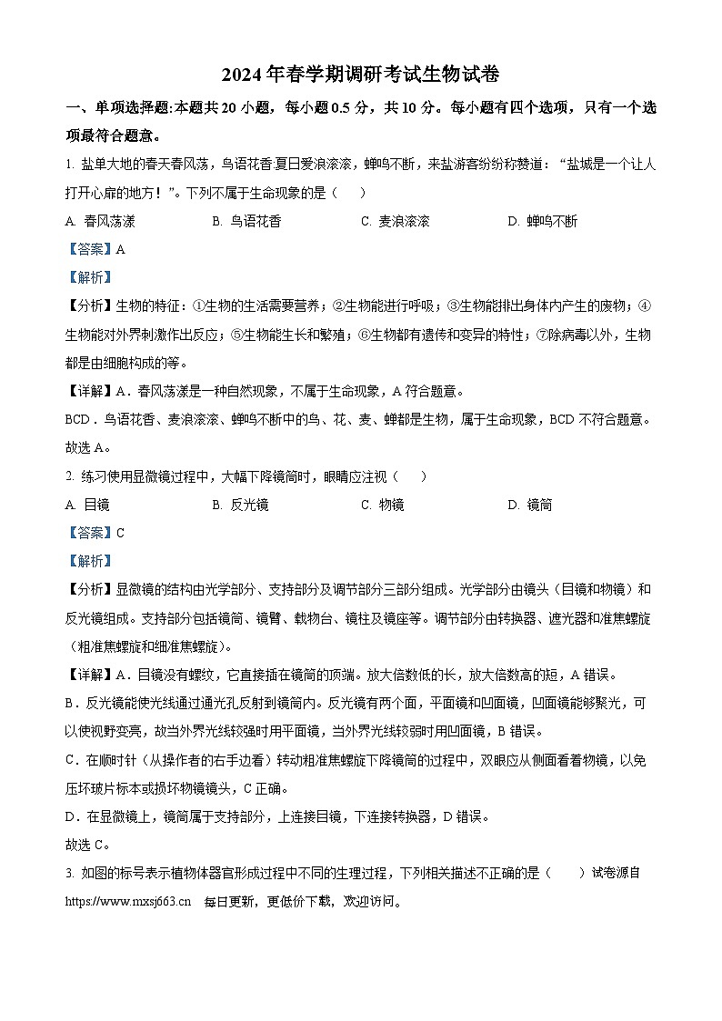 2024年江苏省盐城市盐都区中考三模生物试题第1页