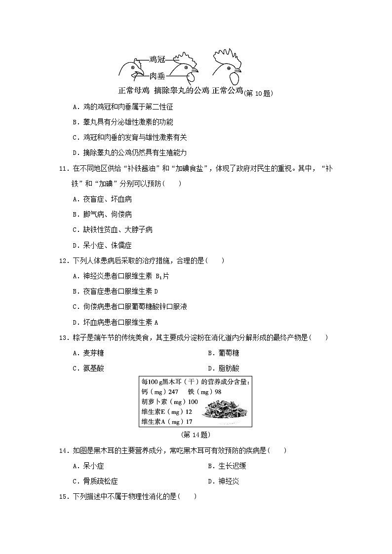 福建省2024七年级生物下册第四单元生物圈中的人第一二章学情评估试卷（附答案人教版）03