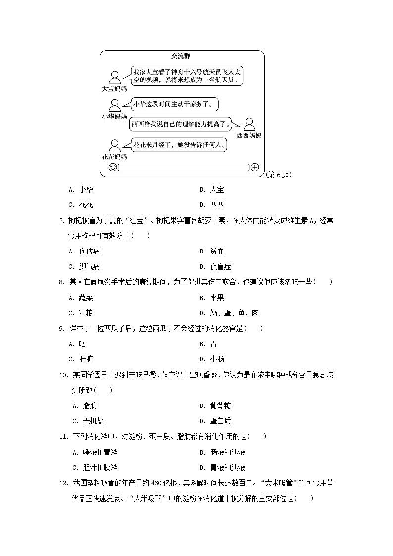 2024七年级生物下册第四单元生物圈中的人第一二章学情评估试卷1（附答案人教版）02
