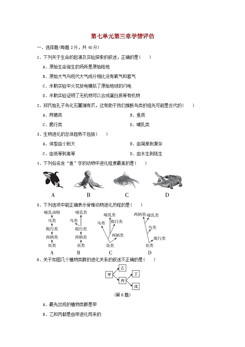 2024八年级生物下册第七单元生物圈中生命的延续和发展第三章生命起源和生物进化学情评估试卷（附答案人教版）01
