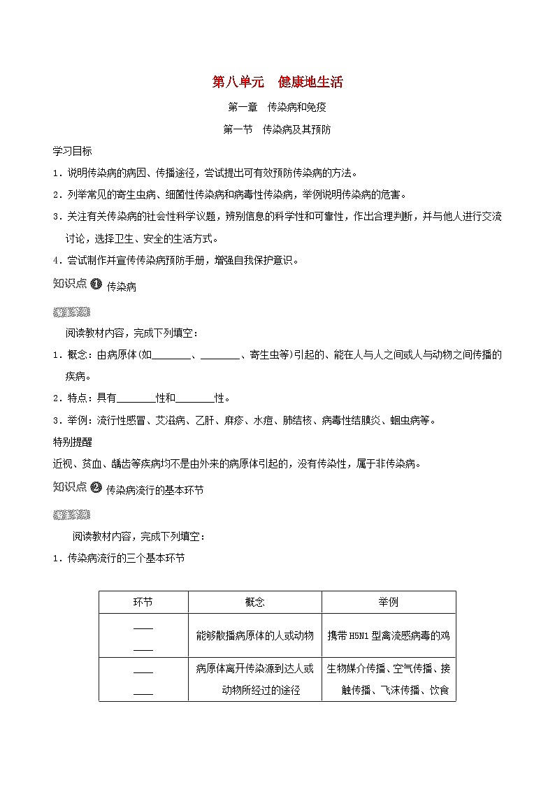 八下生物第八单元健康地生活第一章传染病和免疫第一节传染病及其预防导学案（人教版）01