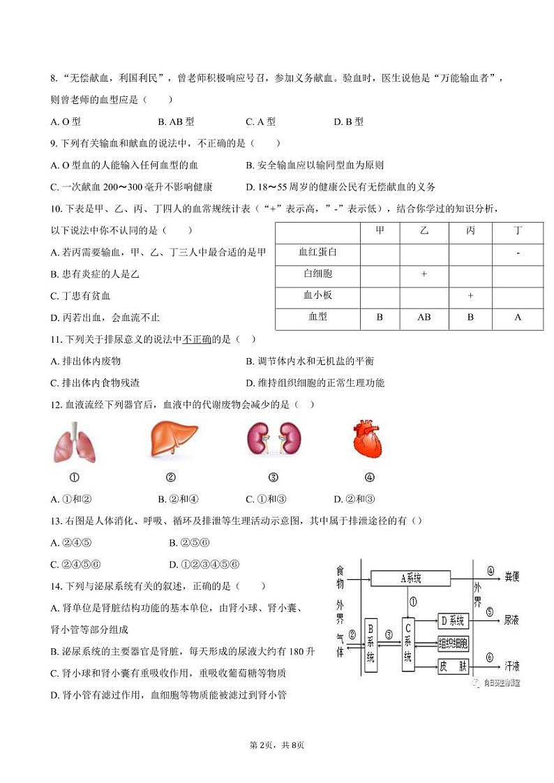 海南省海口市第十四中学2023-2024学年七年级下学期6月月考生物试题02