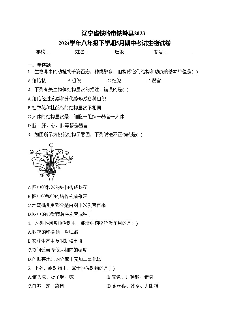 辽宁省铁岭市铁岭县2023-2024学年八年级下学期5月期中考试生物试卷(含答案)01