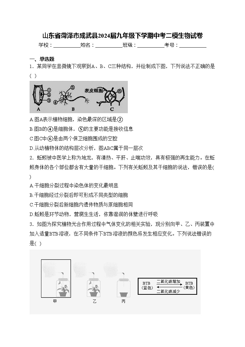 山东省菏泽市成武县2024届九年级下学期中考二模生物试卷(含答案)01