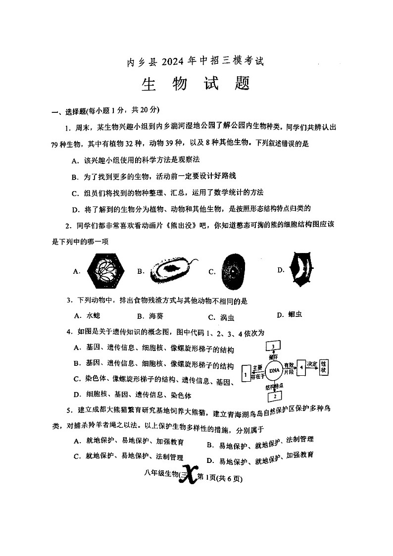 2024年河南省内乡县中考三模生物试卷第1页