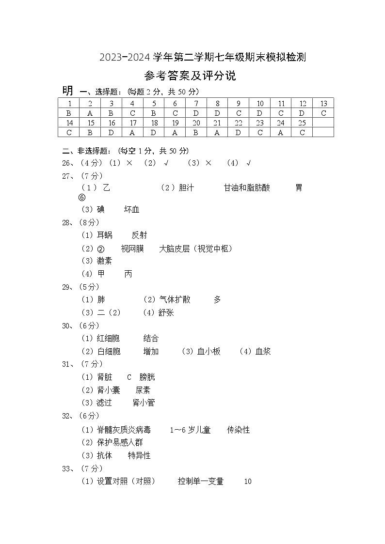 福建省南平市政和县2023-2024学年七年级下学期期末模拟生物试题01