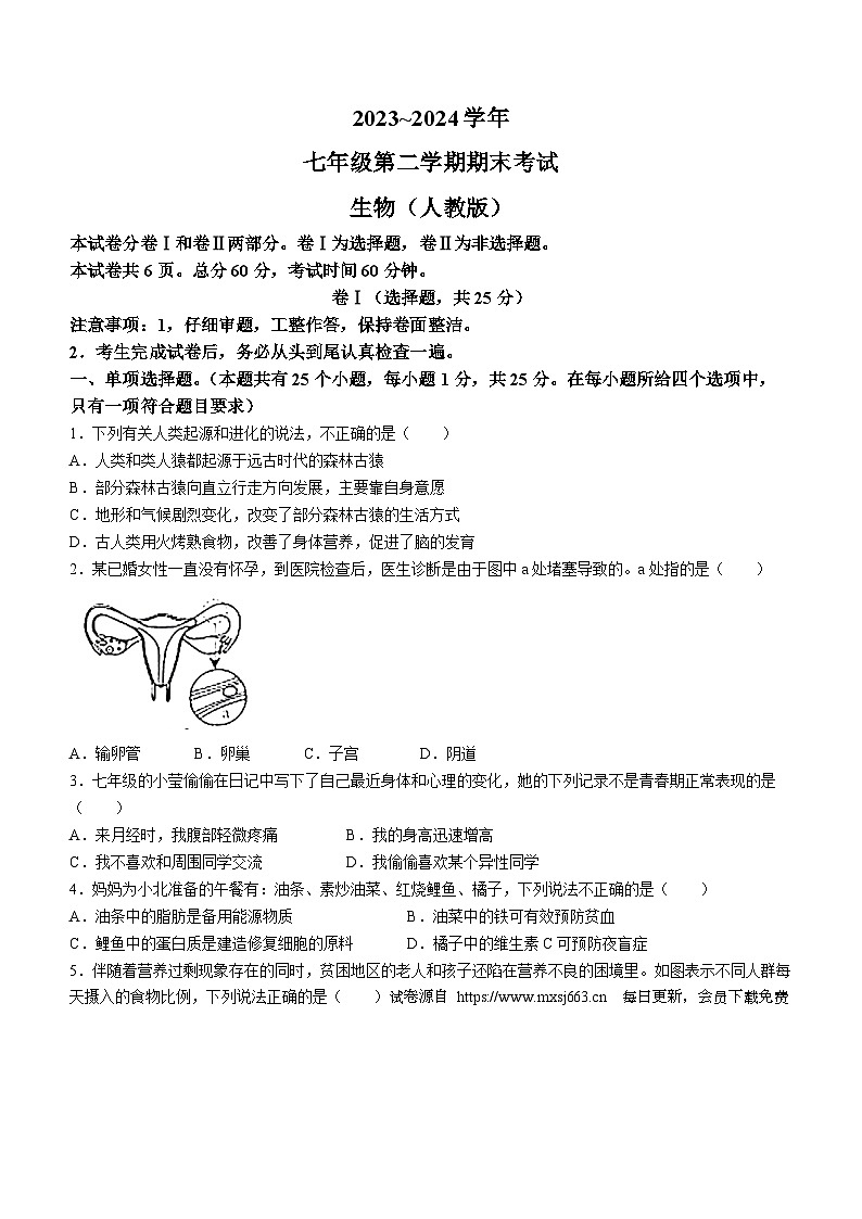 河北省邢台市部分校2023-2024学年七年级下学期期末联考生物试题(无答案)第1页