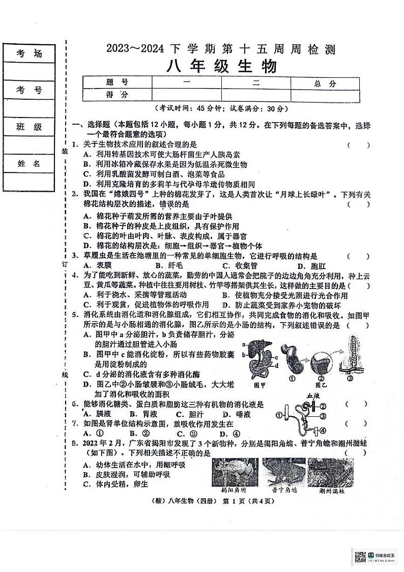 辽宁省鞍山市岫岩县2023-2024学年八年级下学期6月月考生物试卷01