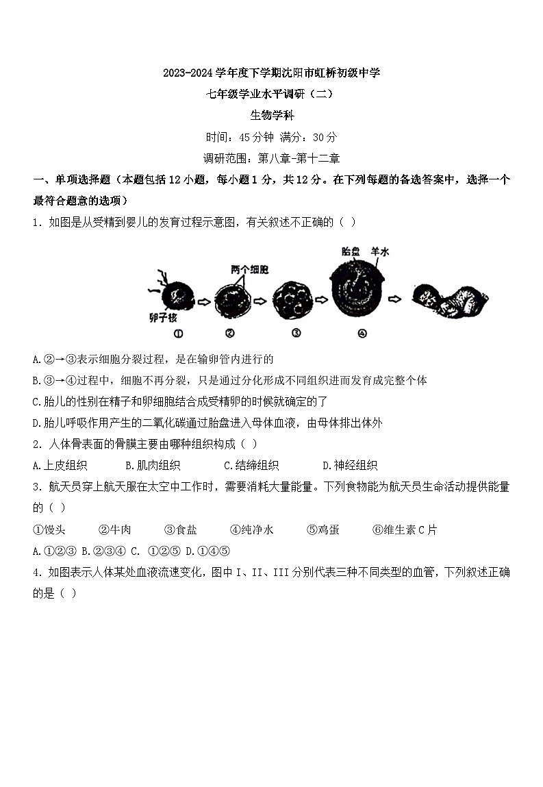 辽宁省沈阳市虹桥初级中学2023-2024学年七年级下学期6月考生物试卷第1页