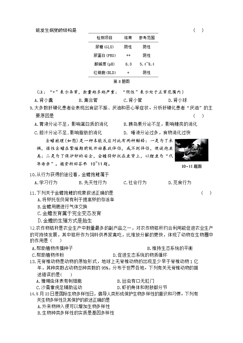 2024年湖南省初中学业水平模拟考试生物试卷三02