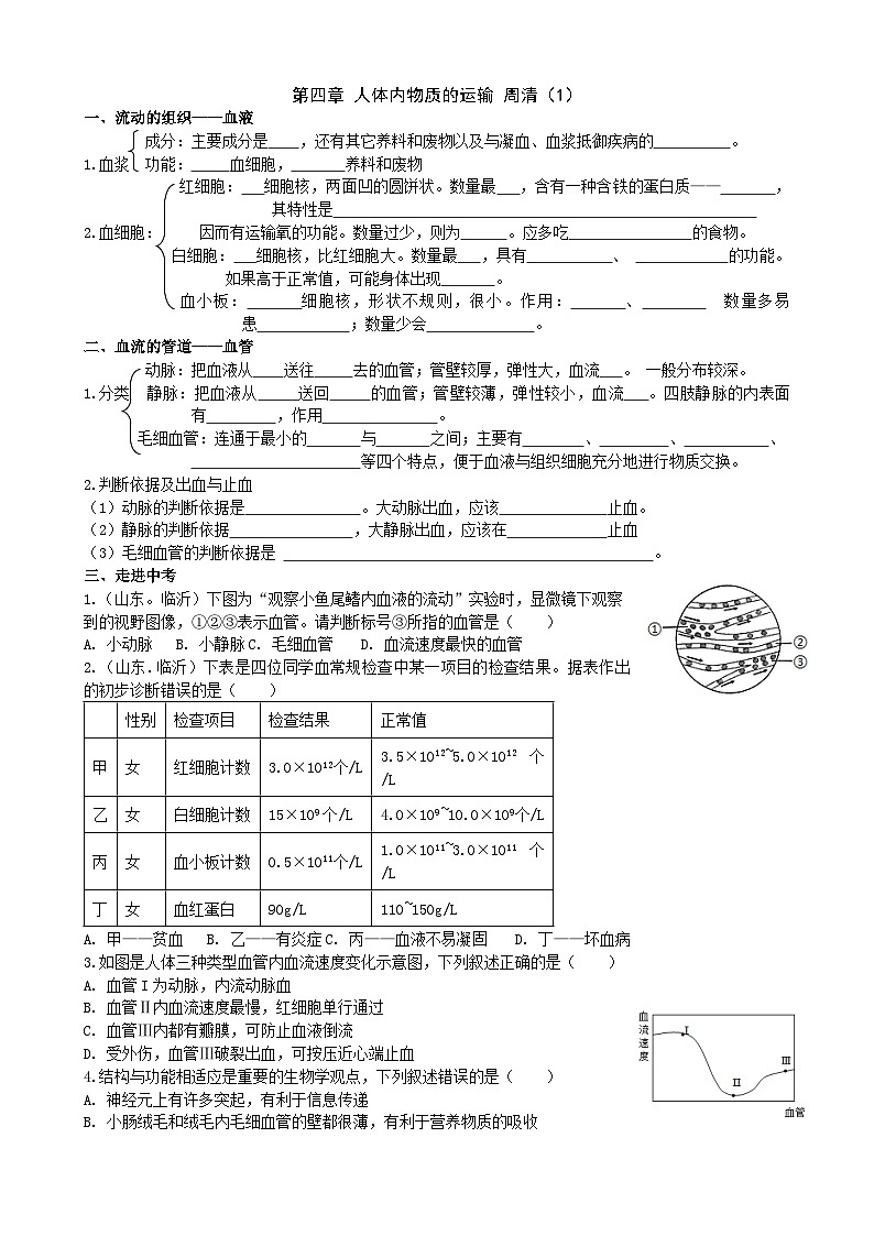 4.4  人体内物质的运输（1）（含答案）周清试题-2023-2024学年人教版生物七年级下册第1页