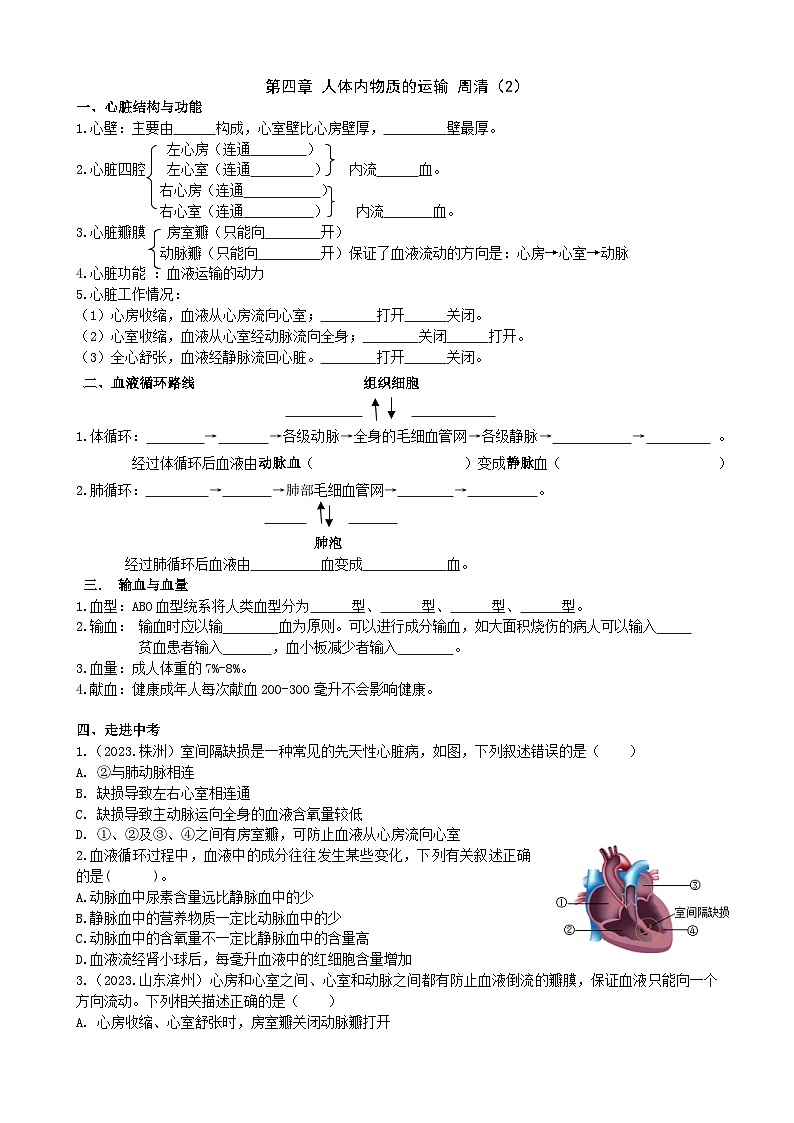 4.4  人体内物质的运输（2）（含答案）周清试题-2023-2024学年人教版生物七年级下册第1页