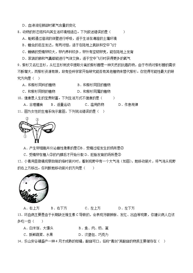 卷02-备战2024年中考生物全真模拟押题卷（苏州卷）（试卷版+解析版）03