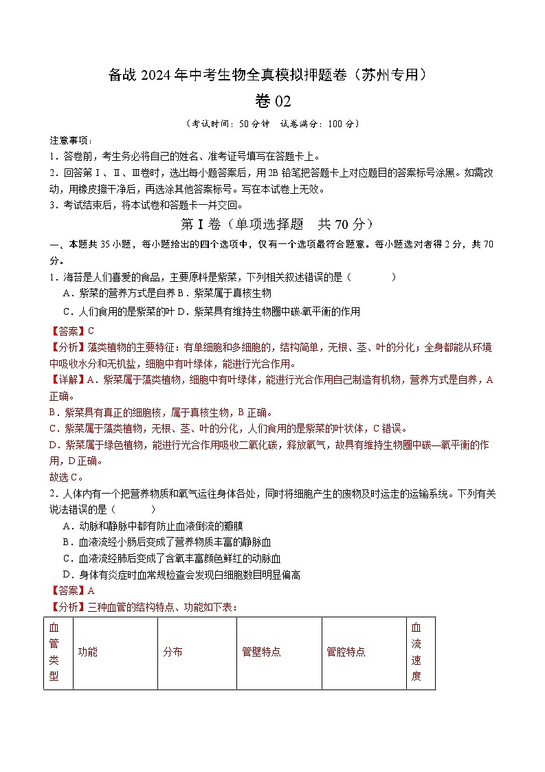 卷02-备战2024年中考生物全真模拟押题卷（苏州卷）（试卷版+解析版）01