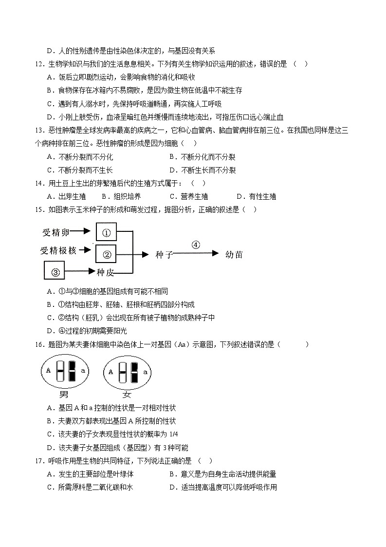 卷04-备战2024年中考生物全真模拟押题卷（扬州卷）（试卷版+解析版）03