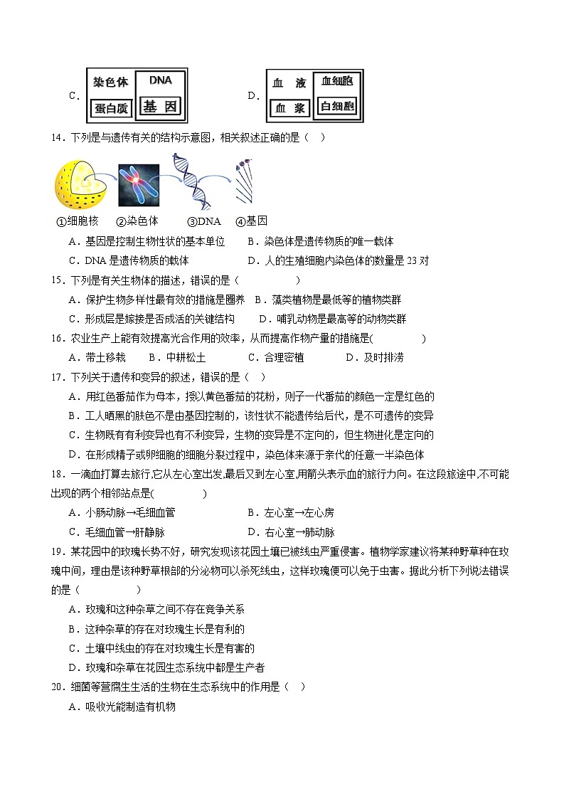 卷01-备战2024年中考生物全真模拟押题卷（无锡卷）（试卷版+解析版）02