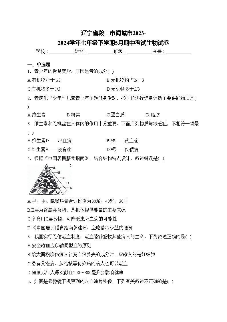 辽宁省鞍山市海城市2023-2024学年七年级下学期5月期中考试生物试卷(含答案)第1页