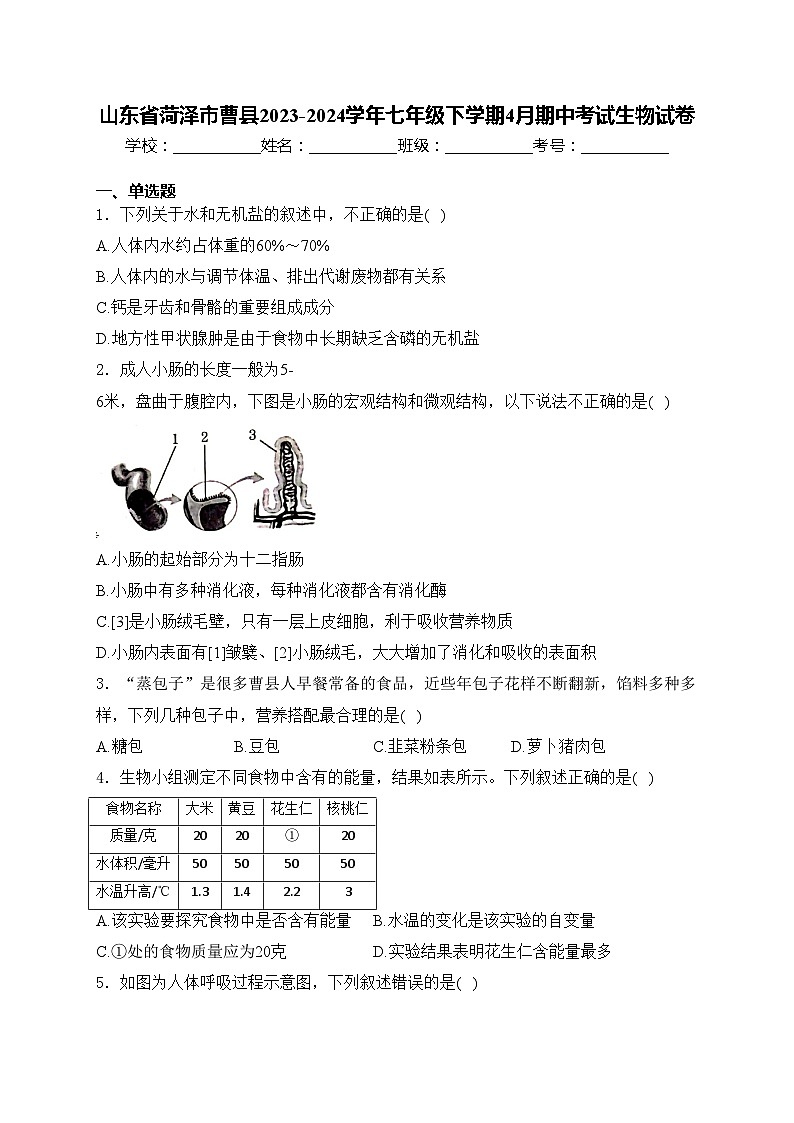 山东省菏泽市曹县2023-2024学年七年级下学期4月期中考试生物试卷(含答案)01