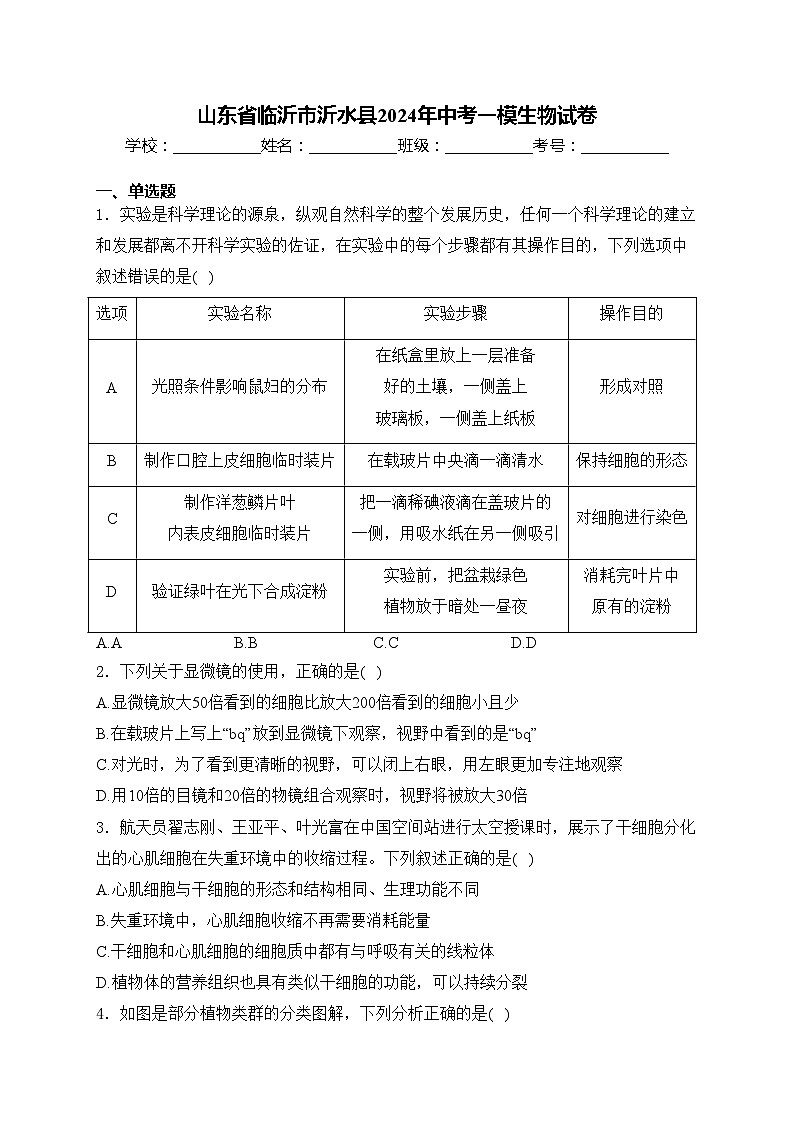 山东省临沂市沂水县2024年中考一模生物试卷(含答案)01