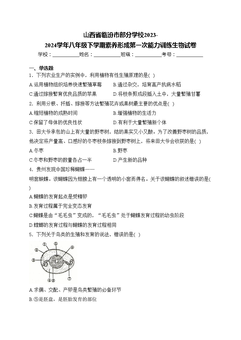 山西省临汾市部分学校2023-2024学年八年级下学期素养形成第一次能力训练生物试卷(含答案)第1页