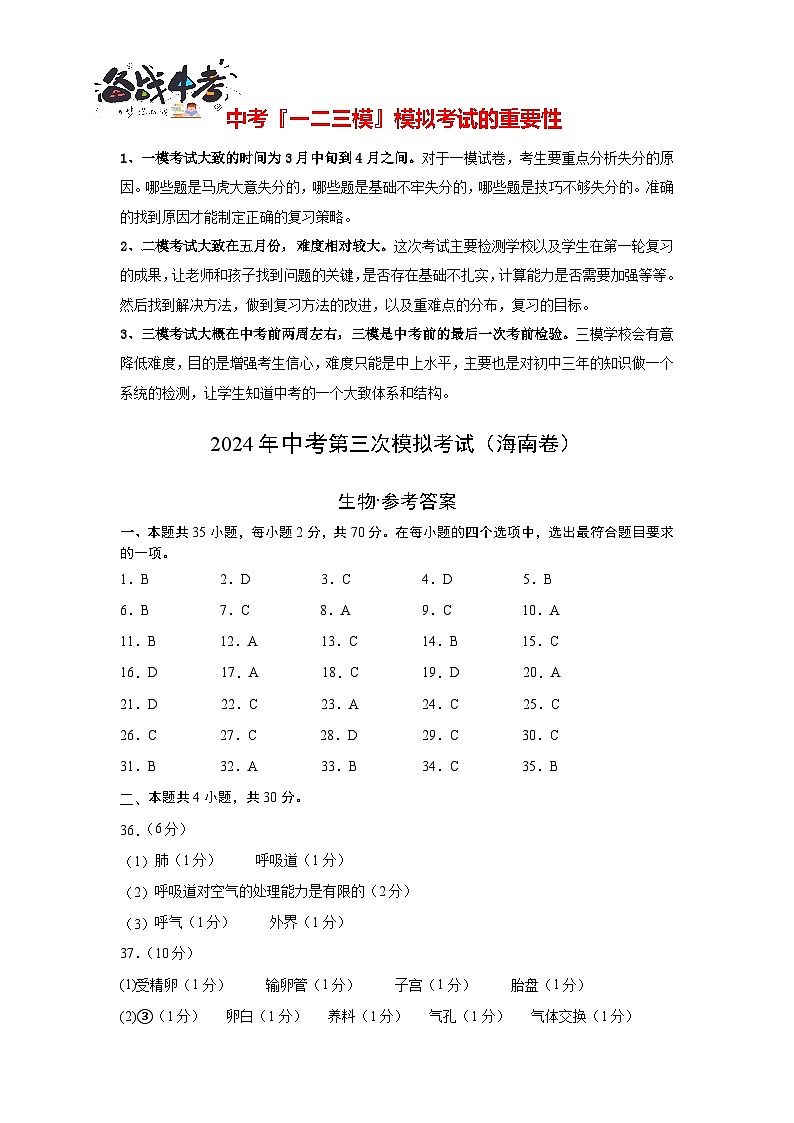 生物（海南卷）（参考答案及评分标准）第1页